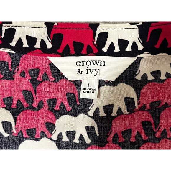 Crown & Ivy Pink Elephant Button Pleated Top Blouse Roll Tab Sleeve L Large - Picture 4 of 9